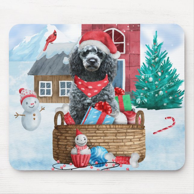 Mousepad Cachorro Poodle na Casa de Natal na Neve (Frente)