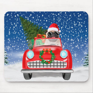 Mousepad Cachorro Pug Dirigindo Carro Na Neve Natal