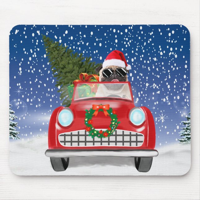 Mousepad Cachorro Pug Dirigindo Carro Na Neve Natal (Frente)
