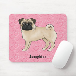 Mousepad Cachorro Pug Fawn Fofo com Rostos e Corações Rosa