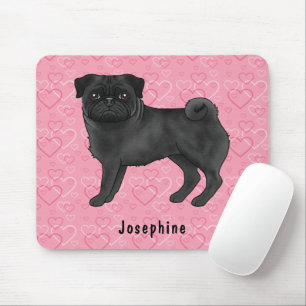 Mousepad Cachorro Pug Preto Fofo com Ropas e Corações Rosa