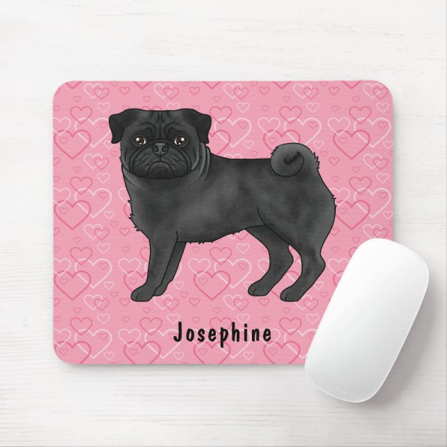 Mousepad Cachorro Pug Preto Fofo com Ropas e Corações Rosa  (Com mouse)