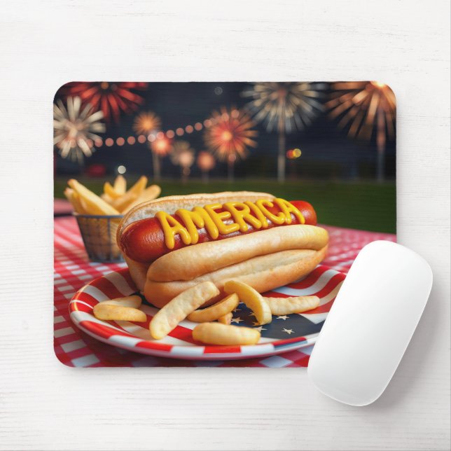 Mousepad Cachorro quente com texto americano e fogos de art (Com mouse)