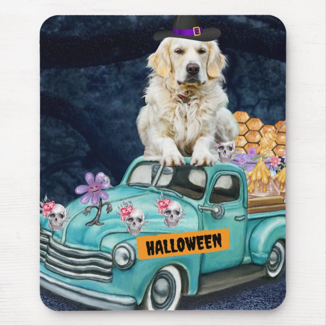Mousepad Cachorro Retriever Dourado de Halloween Caminhão N (Frente)