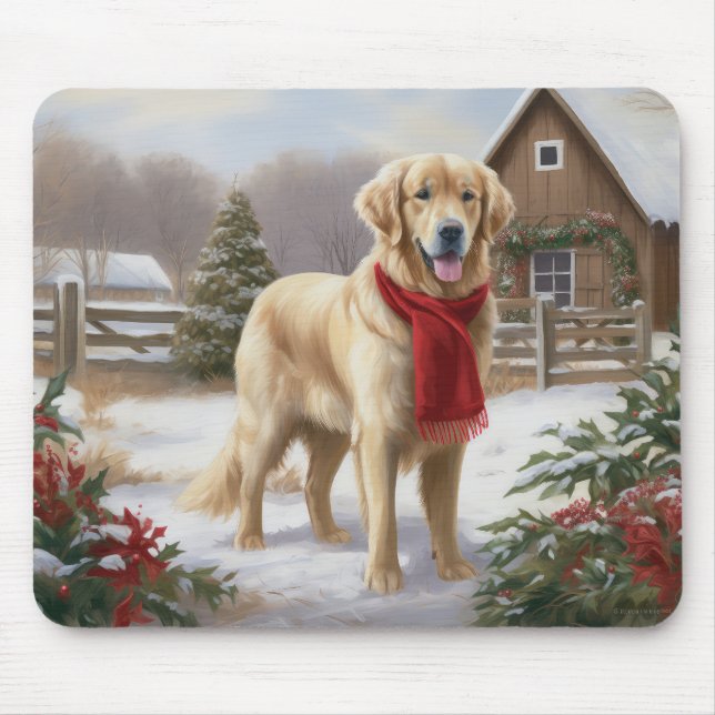 Mousepad Cachorro Retriever Dourado na Neve Natal  (Frente)