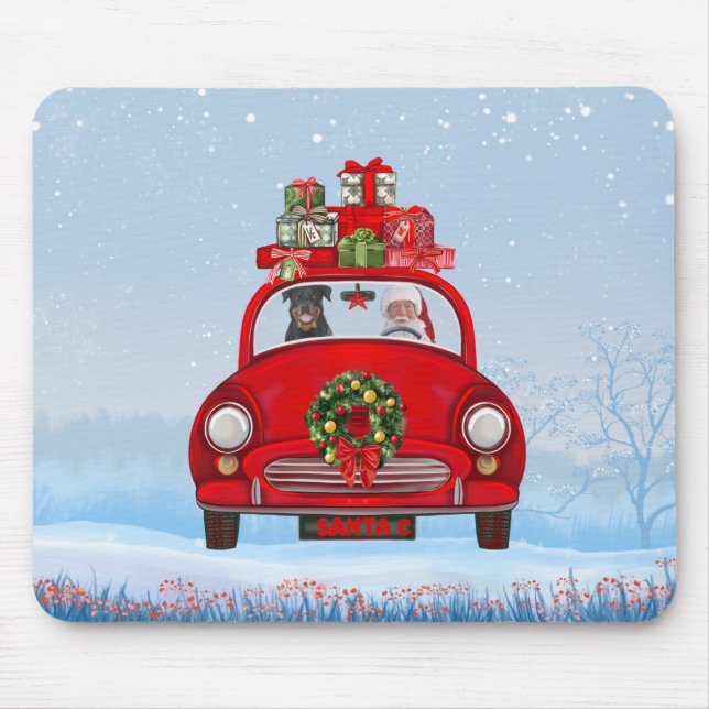 Mousepad Cachorro Rottweiler No Carro Com Papai Noel  (Frente)