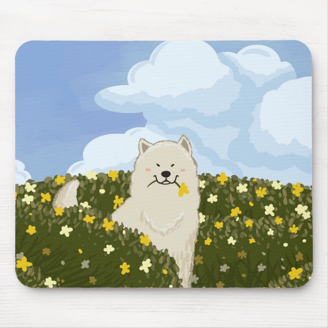 Mousepad Cachorro Samoyed Fofo em Campo de Flores Amarelas  (Frente)