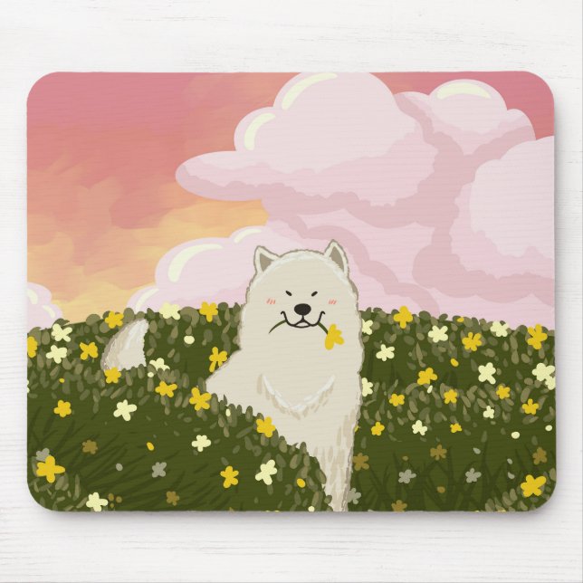 Mousepad Cachorro Samoyed Fofo em Campo de Flores Amarelas  (Frente)