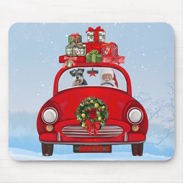 Mousepad Cachorro Schnauzer Em Carro Com Papai Noel (Frente)