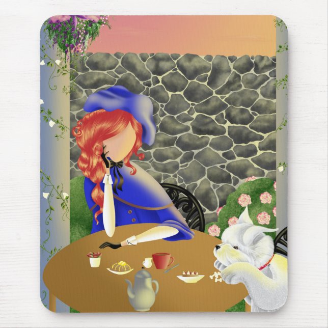 Mousepad Cachorro & Senhora no Café ao Pôr do Sol (Frente)