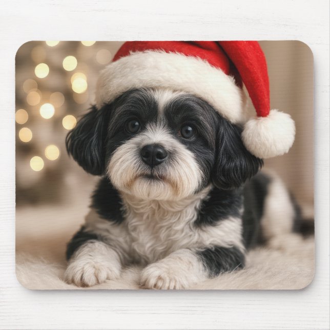 Mousepad Cachorro Shih Tzu de Natal com Chapéu de Papai Noe (Frente)