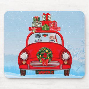 Mousepad Cachorro Siberiano Husky No Carro Com Papai Noel