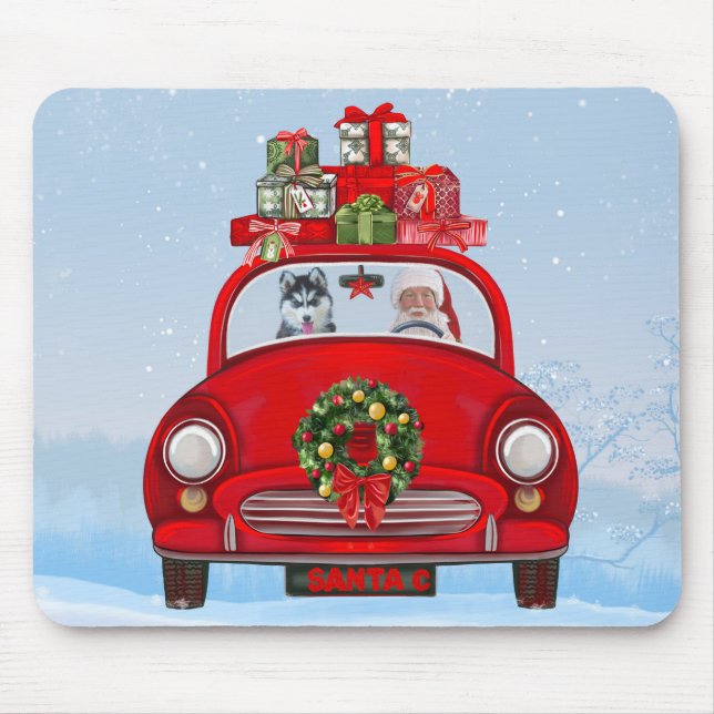 Mousepad Cachorro Siberiano Husky No Carro Com Papai Noel (Frente)