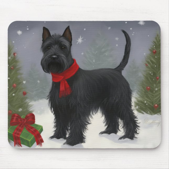 Mousepad Cachorro Terrier escocês no Natal da neve (Frente)