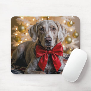 Mousepad Cachorro Weimaraner de Natal Com Laço Vermelho