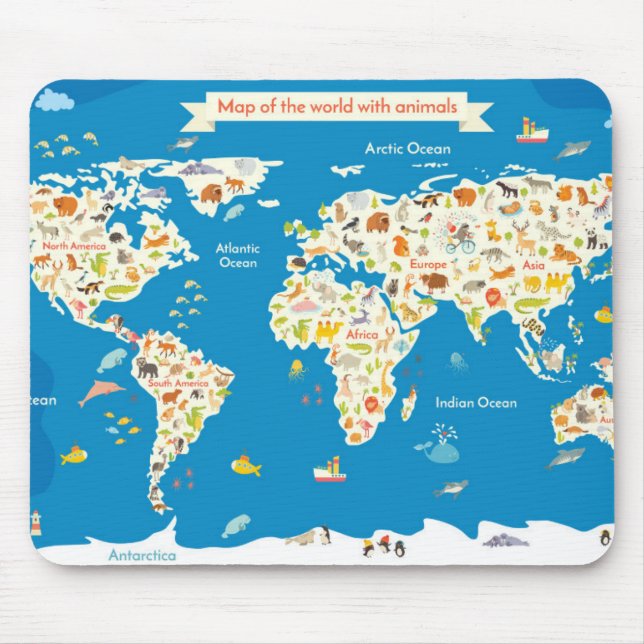 Mousepad Caçoa o mapa do mundo com animais (Frente)