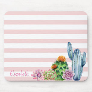 Mousepad Cacto Adorável Aquarela,Listras de Suculentas 