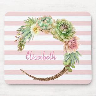 Mousepad Cacto Adorável em Aquarela, Listras de Suculentas