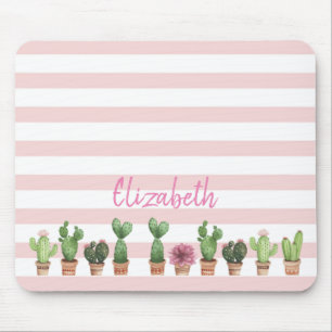 Mousepad Cacto Adorável em Aquarela, Listras Rosa