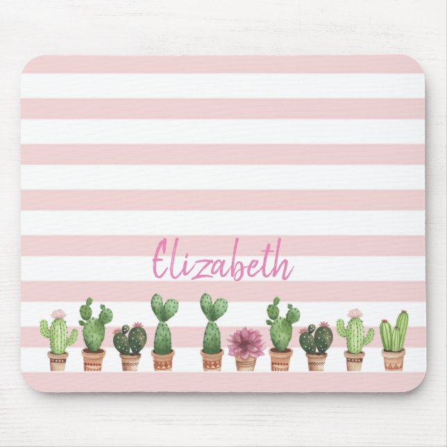 Mousepad Cacto Adorável em Aquarela, Listras Rosa (Frente)