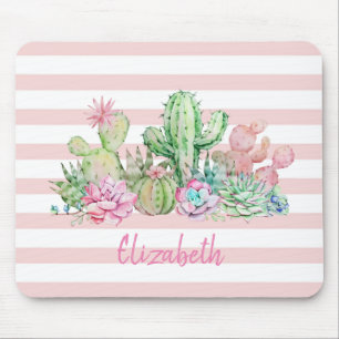 Mousepad Cacto Adorável em Aquarela,Listras Rosa Suculento