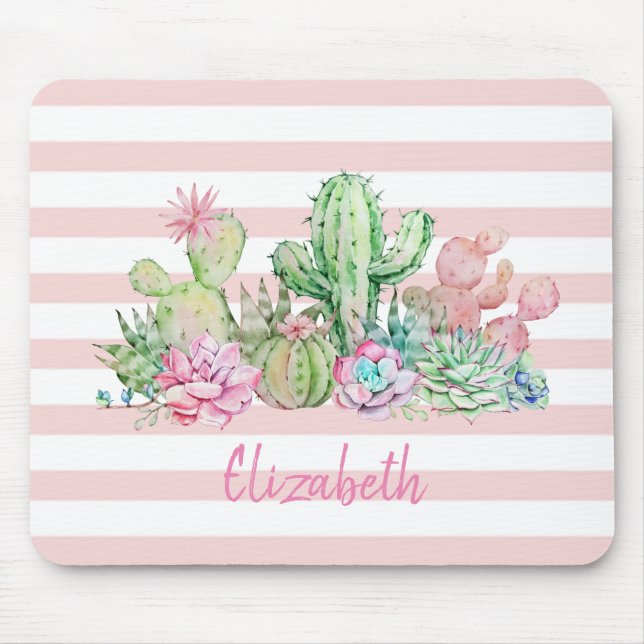 Mousepad Cacto Adorável em Aquarela,Listras Rosa Suculento (Frente)