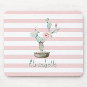 Mousepad Cacto Chic em Aquarela,Listras Rosa