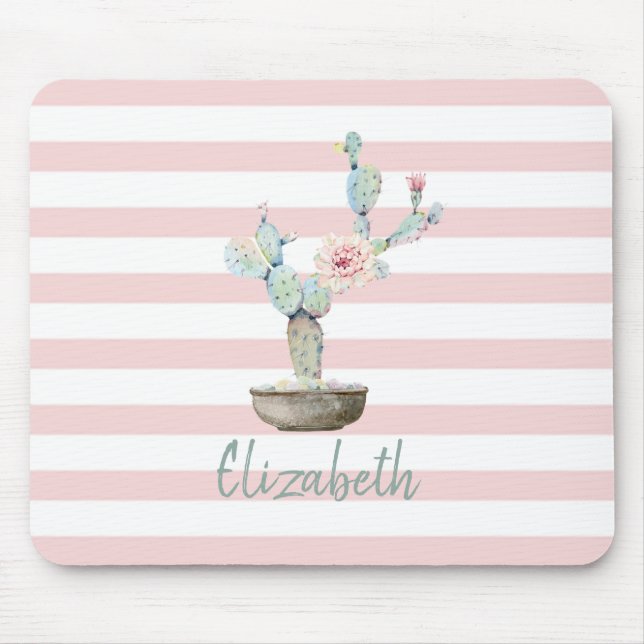 Mousepad Cacto Chic em Aquarela,Listras Rosa  (Frente)
