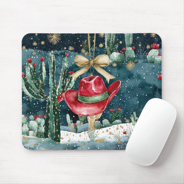 Mousepad Cacto de Chapéu de Cowboy Vermelho Ocidental (Com mouse)