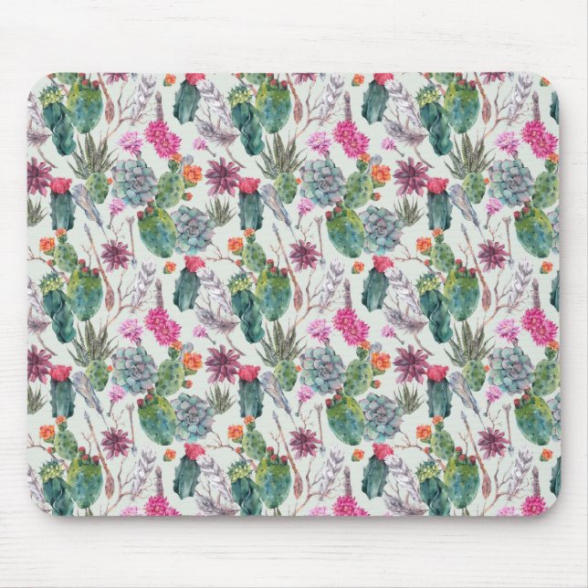 Mousepad Cactus Exotic Boho Watercolor e Padrão Suculento (Frente)