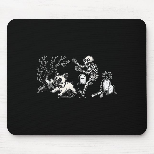 Mousepad Cadela de Halloween Bulldog Francês Caça Esqueleto (Frente)