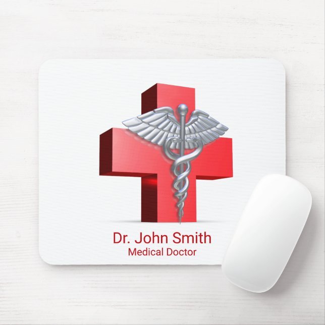 Mousepad Caduceus 3D Silver Cross Red Medical (Com mouse)