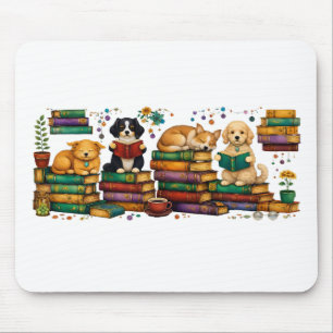 Mousepad Cães Lendo Livros Cena Aconchegante de Biblioteca
