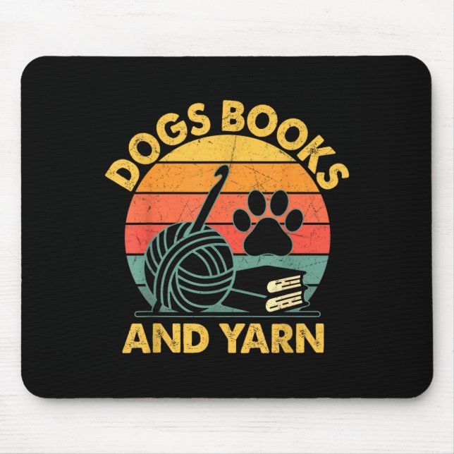Mousepad Cães livros e fios de tricô engraçado crochê retrô (Frente)