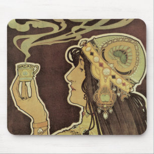 Mousepad Café Rajah Art Nouveau Vintage, Mulher com Café
