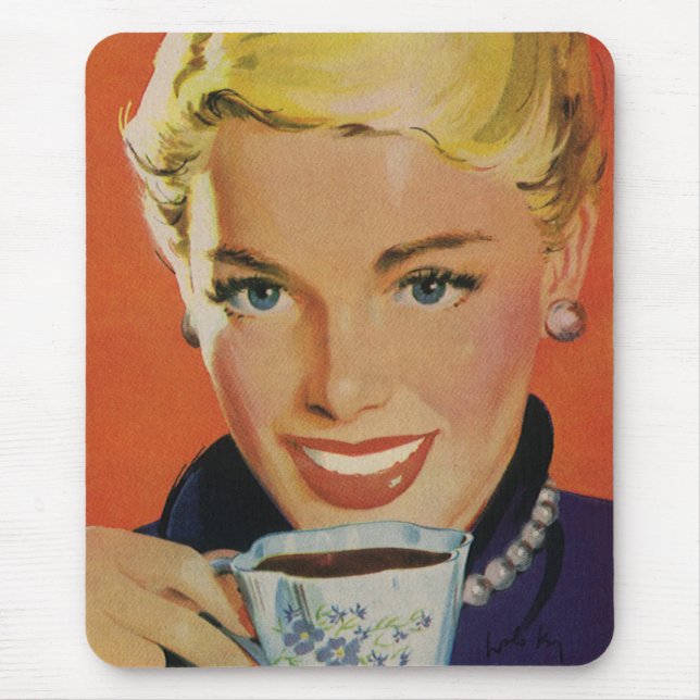 Mousepad Café Vintage, Mulher Feliz com Taça Retro Café (Frente)