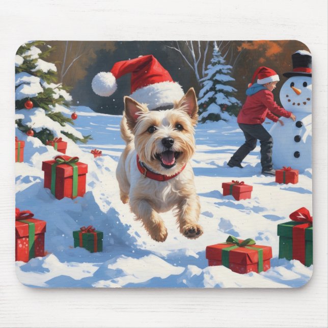 Mousepad Cairn Terrier Correndo na Neve com Chapéu de Natal (Frente)