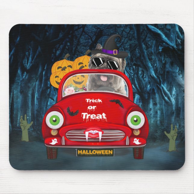 Mousepad Cairn Terrier Dirigindo Carro Assustador no Hallow (Frente)
