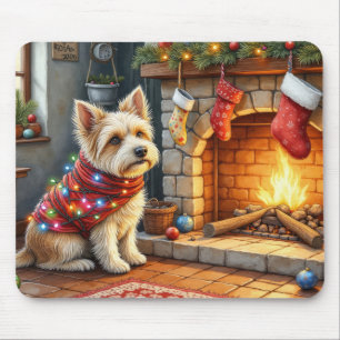 Mousepad Cairn Terrier Sentado junto à Lareira Luzes de Nat