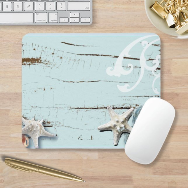 Mousepad Cais-do-mar-do-mar (Coastal chic wood aqua blue starfish seashells mouse pad)