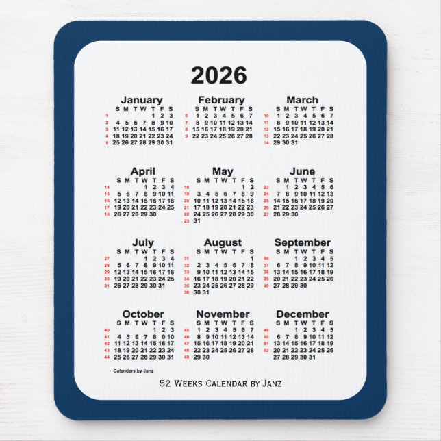 Mousepad Caixa de Polícia de 2026 Calendário Azul de 52 Sem (Frente)