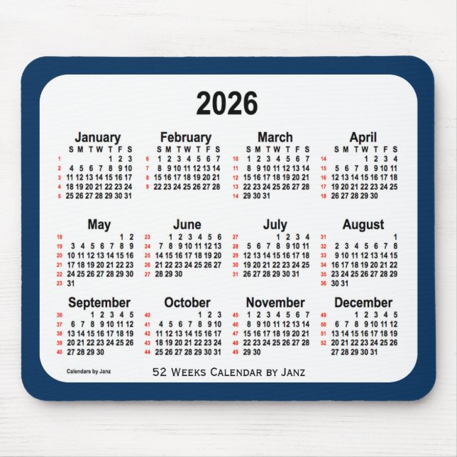 Mousepad Caixa de Polícia de 2026 Calendário Azul de 52 Sem (Frente)