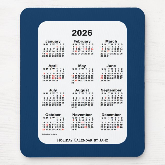 Mousepad Caixa de Polícia de Natal de 2026 Calendário Azul  (Frente)