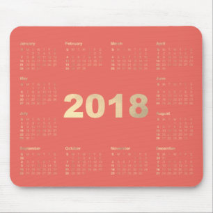 Mousepad Calendário 2018 Faux Dourado Metálico Coral Mínimo