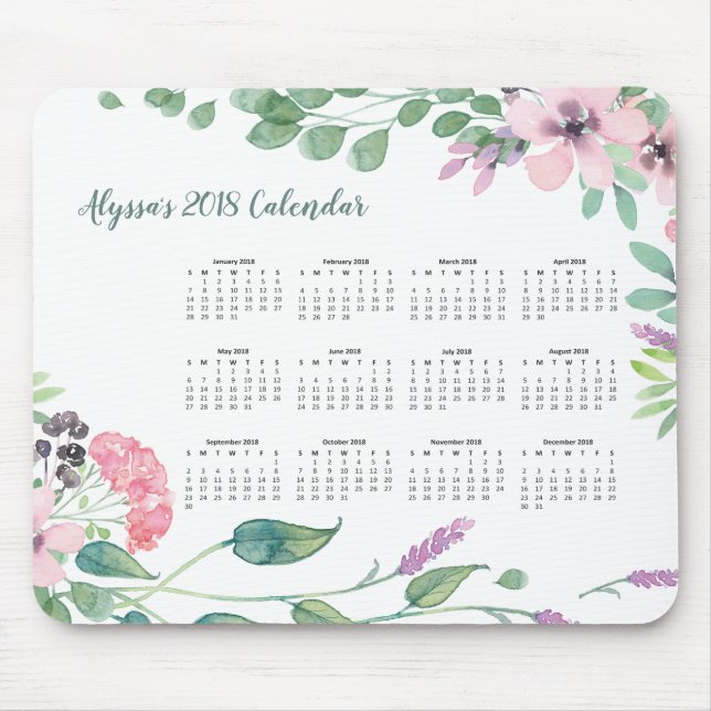 Mousepad Calendário 2018 floral da aguarela bonita | (Frente)