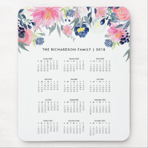 Mousepad Calendário 2018 floral na moda do rosa e dos azui