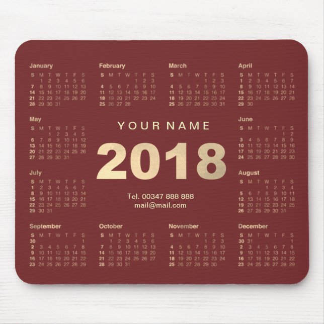 Mousepad Calendário 2018 Nome Dourado Borgonha Número da We (Frente)