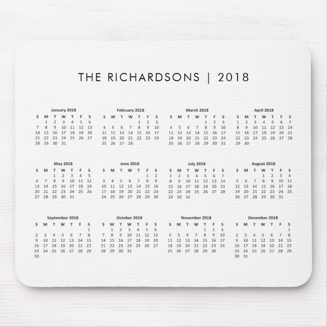 Mousepad Calendário 2018 preto e branco simples e moderno (Frente)