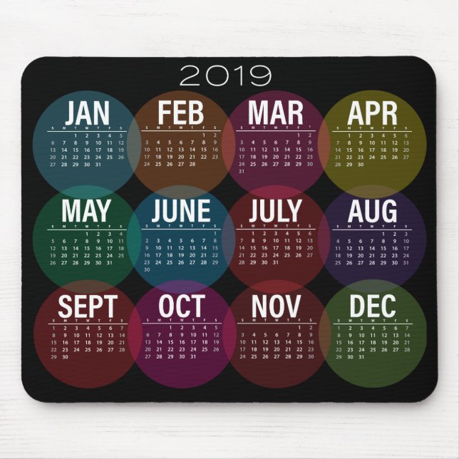 Mousepad Calendário 2019 colorido no preto (Frente)