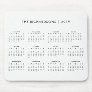 Mousepad Calendário 2019 preto e branco simples e moderno